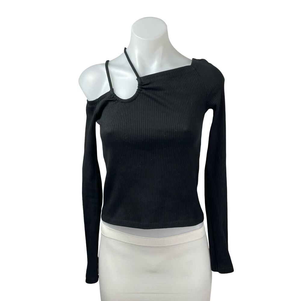Oak + Fort Women's Black Ribbed Off Shoulder Long Sleeve Crop Tee T-Shirt Top XS